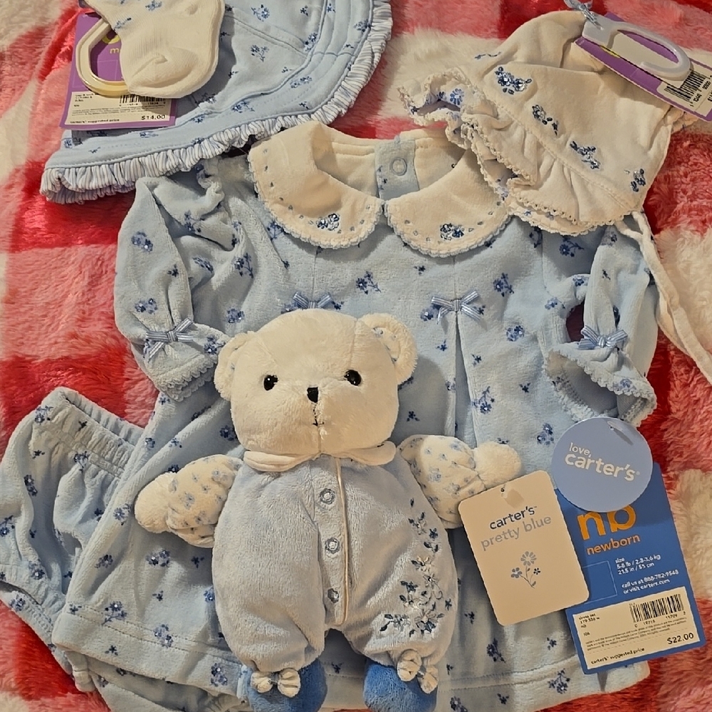 Macy's Carter's 6 Pc NB Baby Blue Floral Velour Dress Set $65